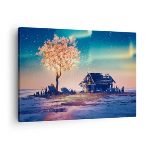 Bild auf Leinwand - Leinwandbild - Ein Haus und ein blühender Baum unter dem Nachthimmel - 70x50cm - Die Natur vergeht nicht - Moderne Wanddekoration für Wohnzimmer und Schlafzimmer ARTTOR