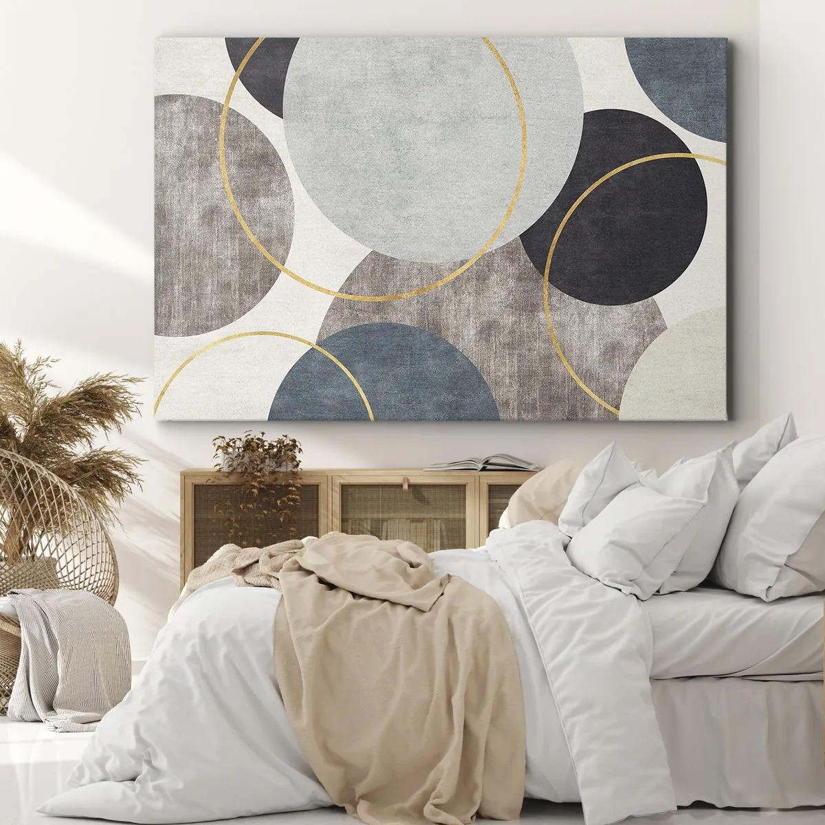 Bild auf Leinwand - Leinwandbild - Geometrische Kreise in Grau-, Blau- und Goldtönen - 70x50cm - Rad für Rad - Moderne Wanddekoration für Wohnzimmer und Schlafzimmer ARTTOR