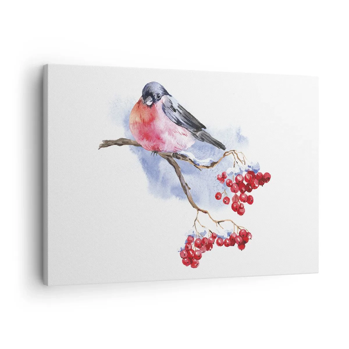 Bild auf Leinwand - Leinwandbild - Vogel auf einem Zweig mit roten Früchten im Aquarellhintergrund - 70x50cm - Winter in Farbe - Moderne Wanddekoration für Wohnzimmer und Schlafzimmer ARTTOR