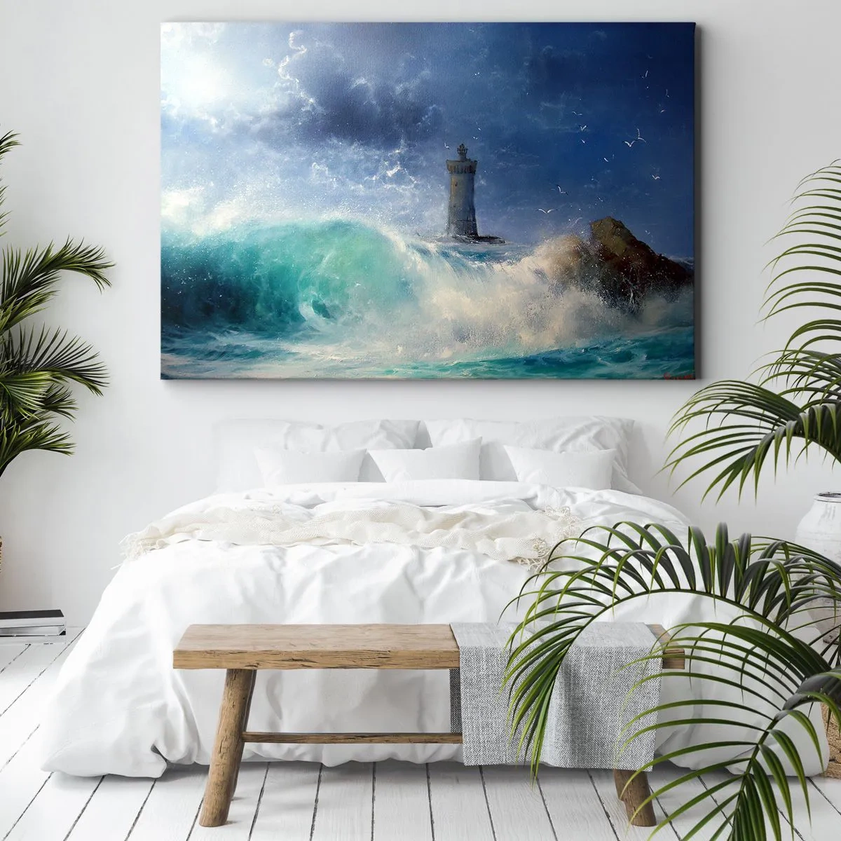 Bild auf Leinwand - Leinwandbild - Ein Leuchtturm, umgeben von rauen Wellen und Wolken - 70x50cm - Auf der Hut vor den Elementen - Moderne Wanddekoration für Wohnzimmer und Schlafzimmer ARTTOR