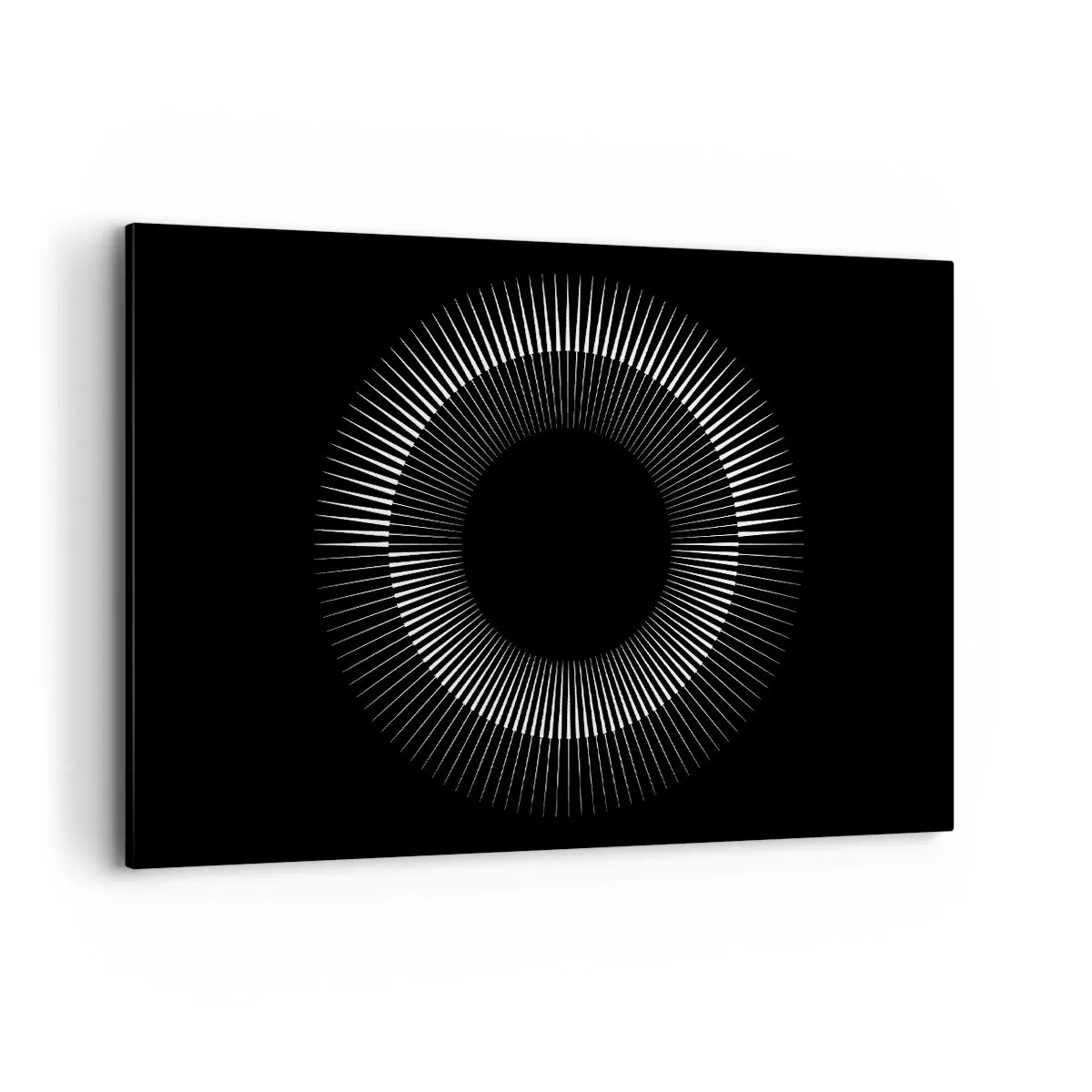 Bild auf Leinwand - Leinwandbild - Grafischer Kreis mit Strahlen in Schwarz und Weiß - 120x80cm - Schwarze Sonne - Moderne Wanddekoration für Wohnzimmer und Schlafzimmer ARTTOR