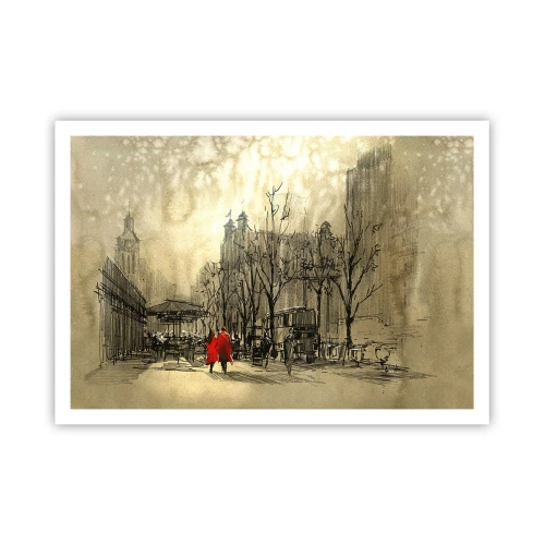 Poster - Eine rote Figur in einer nostalgischen urbanen Umgebung - 100x70cm - Ein Date im Londoner Nebel - Moderne Wanddekoration für Wohnzimmer und Schlafzimmer ARTTOR