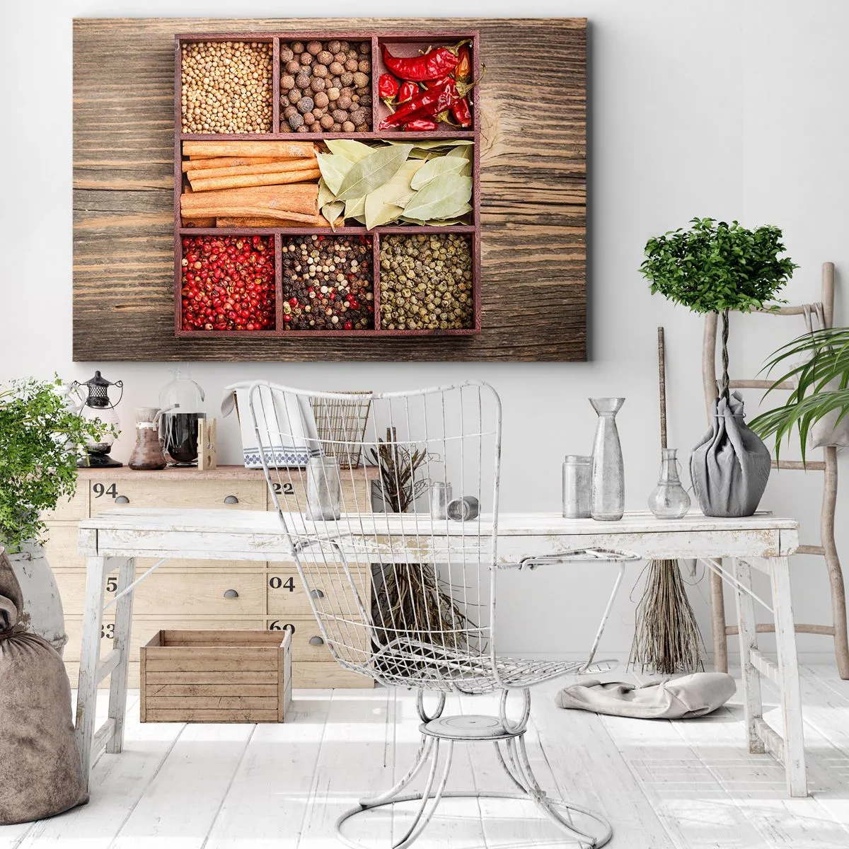 Bild auf Leinwand - Leinwandbild - Holzkiste mit verschiedenen Gewürzen in Fächern - 70x50cm - Ordnung der Formen, Bouquet von Aromen - Moderne Wanddekoration für Wohnzimmer und Schlafzimmer ARTTOR