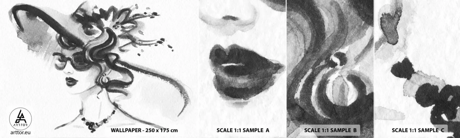 Fototapeten Muster Selbstklebend Deluxe Sticker - Eine Dame mit Charakter - Frau, In, A, Hat, Das Gesicht einer Frau, Schwarz und weiß - 100x30 cm
