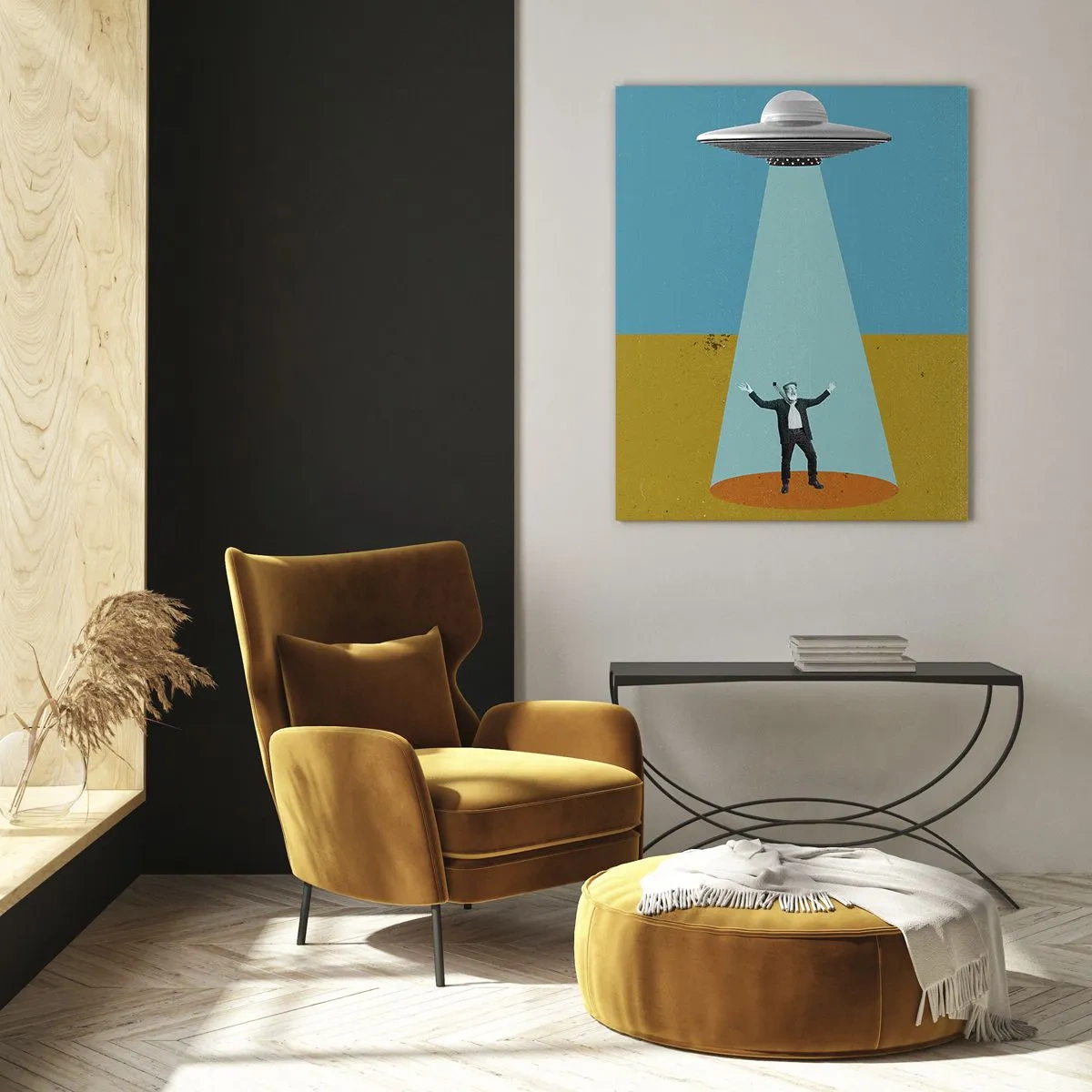 Glasbild - Bild auf glas - Ein Mann im Licht eines UFOs vor dem Hintergrund einer farbenfrohen Landschaft - 80x120cm - Nahe Begegnung - Moderne Wanddekoration für Wohnzimmer und Schlafzimmer ARTTOR