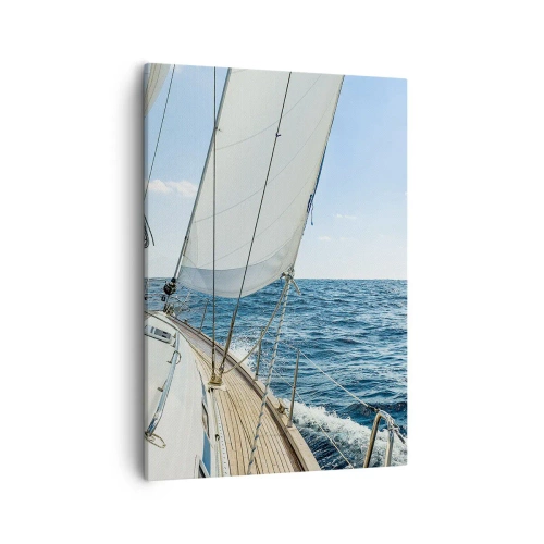 Bild auf Leinwand - Leinwandbild - Ein Segelboot auf ruhiger See unter blauem Himmel - 50x70cm - Ahoi, Abenteuer - Moderne Wanddekoration für Wohnzimmer und Schlafzimmer ARTTOR