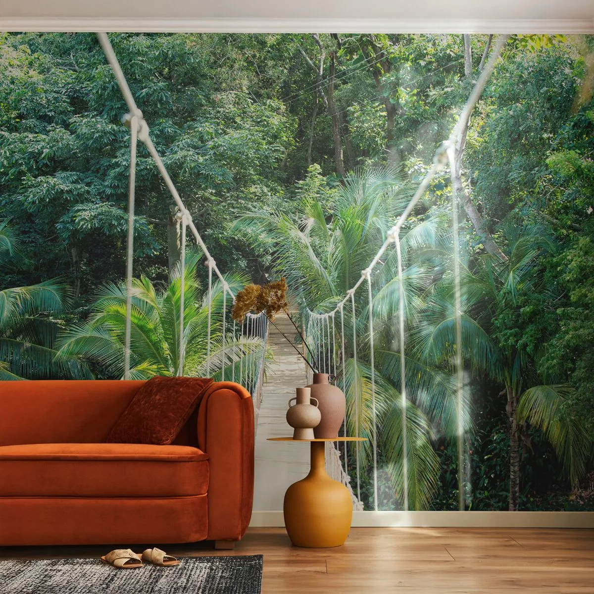 Fototapete Premium Sand - Eine Hängebrücke im tropischen Dschungel - 100x70cm - Willkommen im Dschungel! - Moderne Wanddekoration für Wohnzimmer und Schlafzimmer ARTTOR