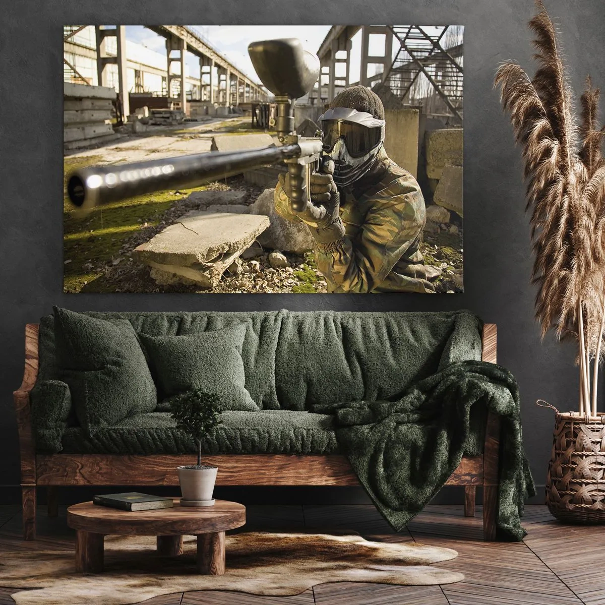 Bild auf Leinwand - Leinwandbild - Ein Paintball-Spieler in Tarnkleidung zielt mit einem Markierer - 120x80cm - Auch du kannst ein Held werden - Moderne Wanddekoration für Wohnzimmer und Schlafzimmer ARTTOR