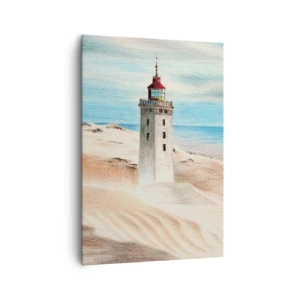 Bild auf Leinwand - Leinwandbild - Ein Leuchtturm, umgeben von Sanddünen und blauem Himmel - 70x100cm - Immer aufs Meer starrend - Moderne Wanddekoration für Wohnzimmer und Schlafzimmer ARTTOR