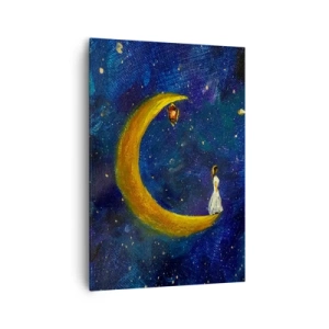 Bild auf Leinwand - Leinwandbild - Ein Mädchen steht auf dem Mond in einem Sternenhimmel - 70x100cm - Der Ruf der Welt - Moderne Wanddekoration für Wohnzimmer und Schlafzimmer ARTTOR