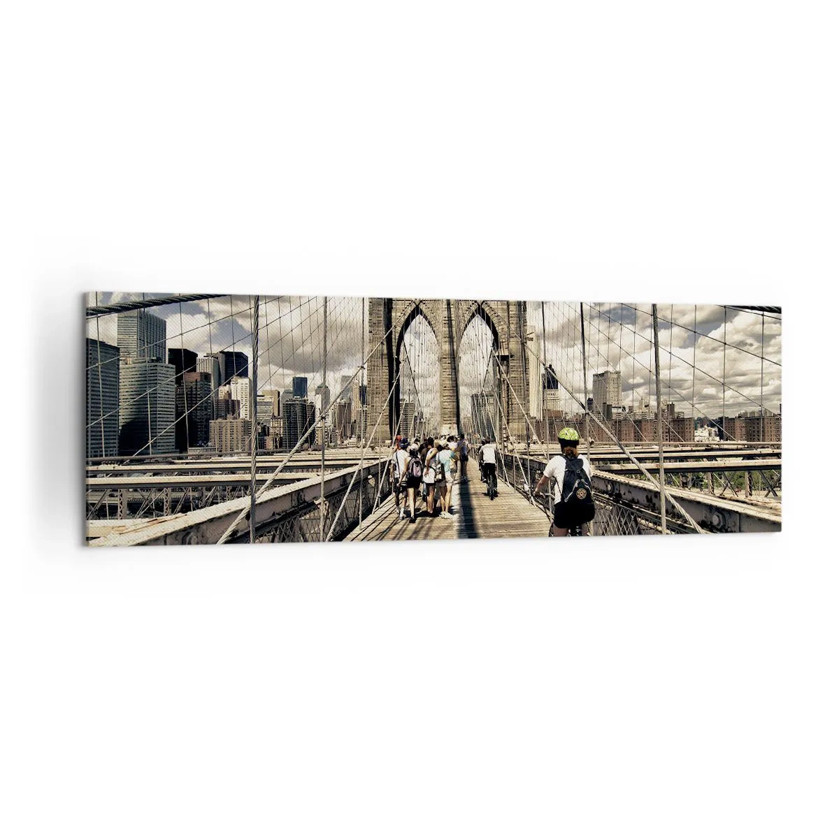 Bild auf Leinwand - Leinwandbild - Brooklyn Bridge mit Blick auf Fußgänger und Radfahrer - 160x50cm - Direkt ins Herz der Stadt - Moderne Wanddekoration für Wohnzimmer und Schlafzimmer ARTTOR