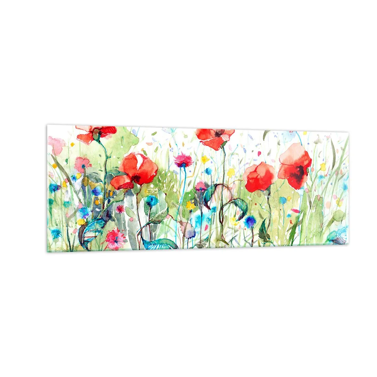 Glasbild - Bild auf glas - Eine Wiese mit roten Mohnblumen und bunten Blumen in Aquarell - 140x50cm - Blühende Maiwiese - Moderne Wanddekoration für Wohnzimmer und Schlafzimmer ARTTOR