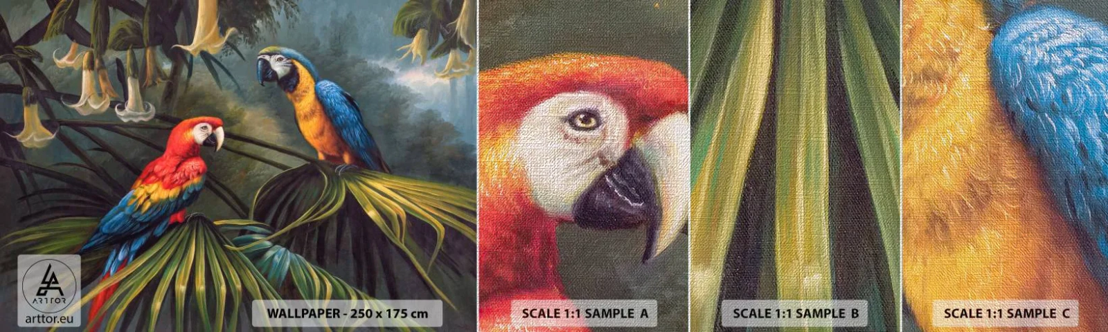 Fototapeten Muster Premium Canvas - Romantik in den Tropen - Ara-Papagei, Tiere, Tropenwald - 100x30 cm