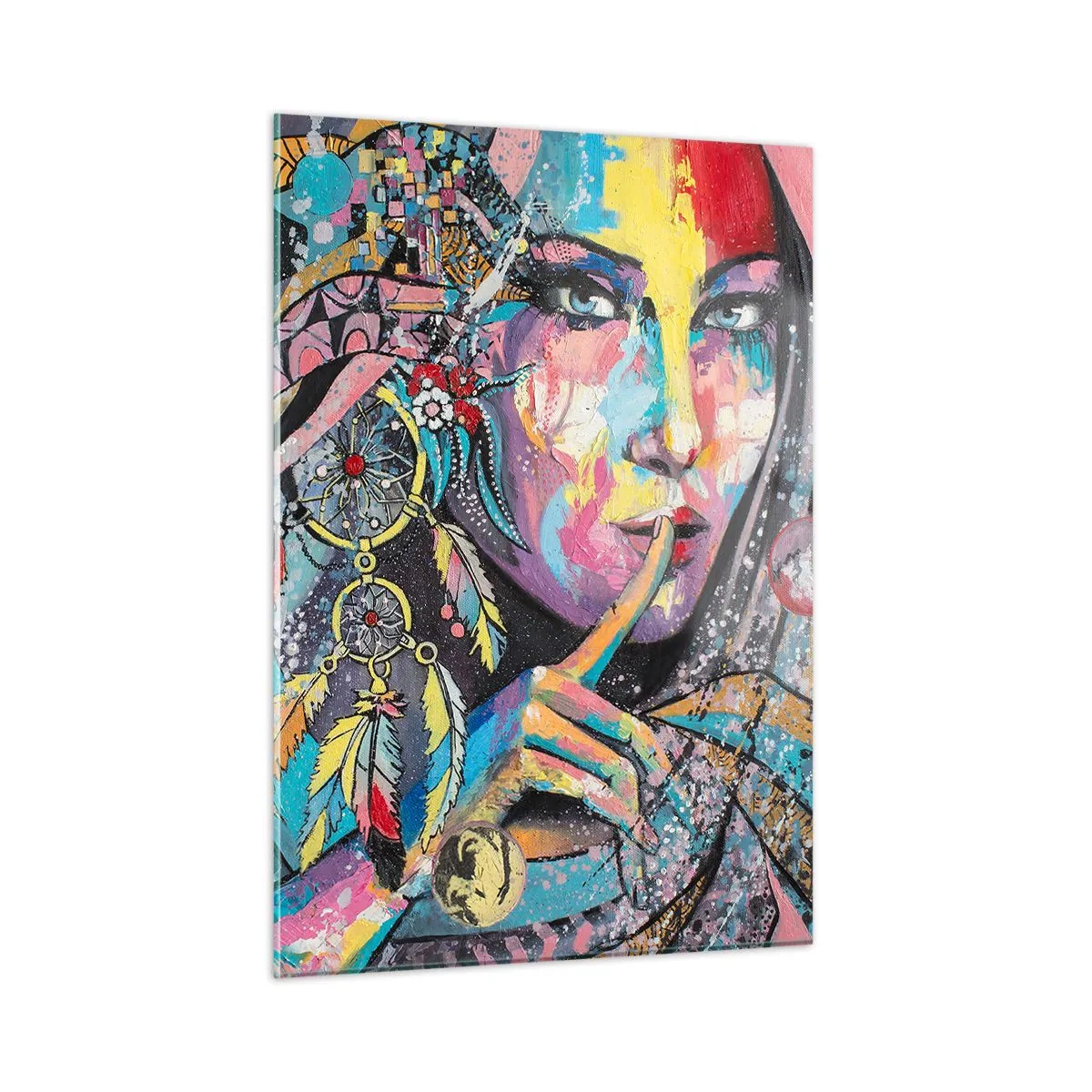 Glasbild - Bild auf glas - Farbenfrohes Frauenporträt mit ethnischen Motiven und Federn - 50x70cm - Sei still, bis du verstehst - Moderne Wanddekoration für Wohnzimmer und Schlafzimmer ARTTOR