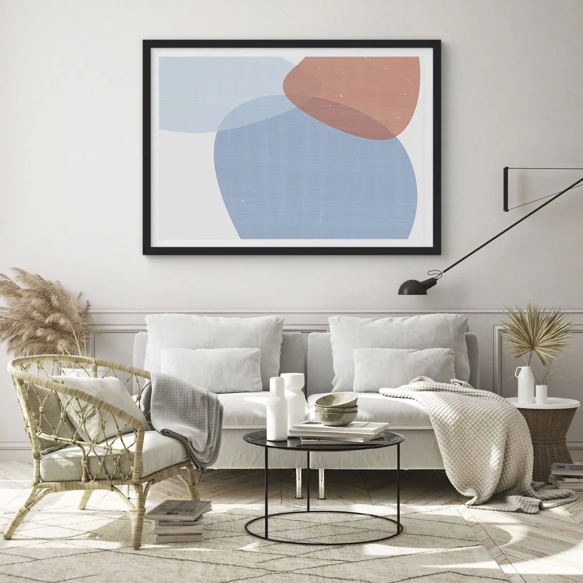 Poster in einem schwarzem Rahmen - Eine abstrakte Komposition in Pastelltönen von Blau und Rosa mit organischen Formen. - 100x70cm - Pastellbeziehungen - Moderne Wanddekoration für Wohnzimmer und Schlafzimmer ARTTOR