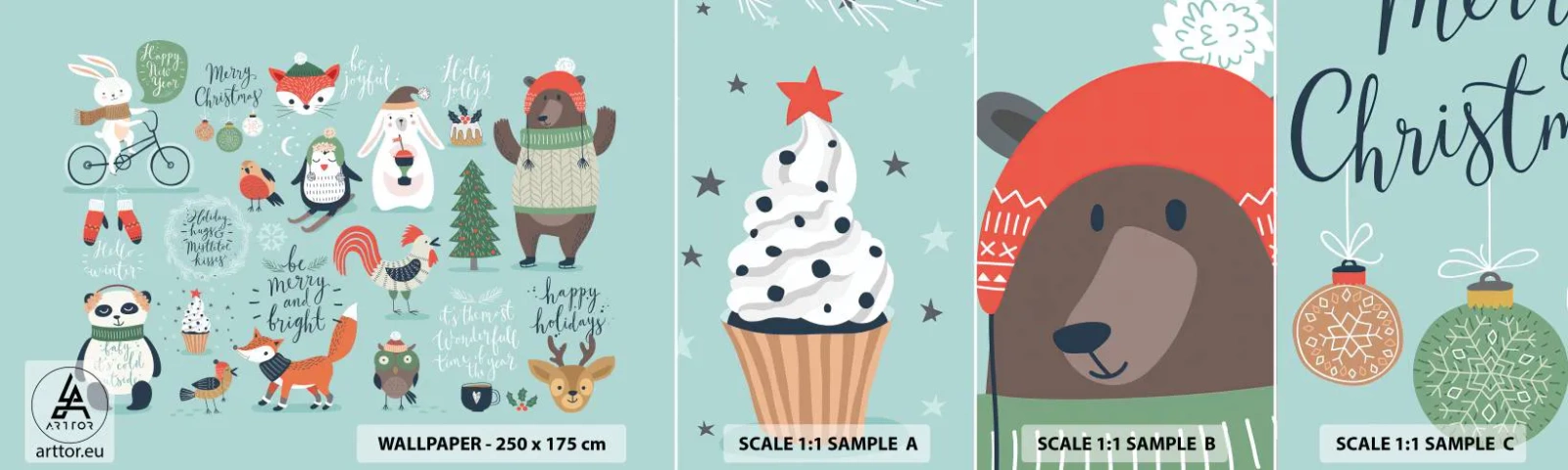 Fototapetenmuster Standard Eco - Möge es immer Weihnachten sein! - Für Kinder, Winter, Glückliche Tiere - 100x30 cm