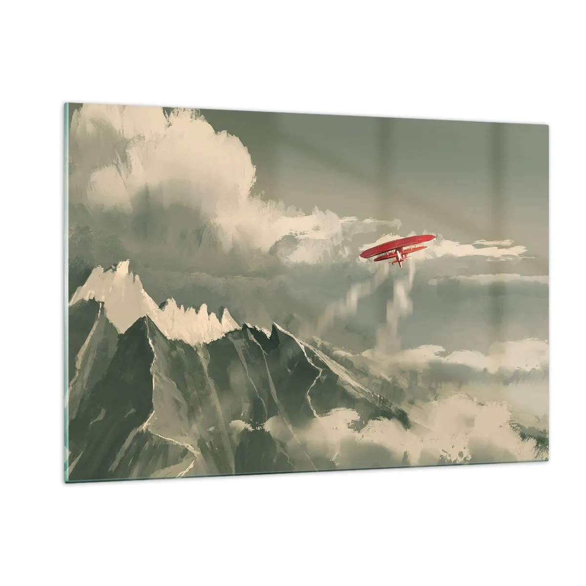 Glasbild - Bild auf glas - Ein rotes Flugzeug fliegt über schneebedeckte Berge - 120x80cm - Furchtloser Pionier - Moderne Wanddekoration für Wohnzimmer und Schlafzimmer ARTTOR
