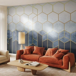 Fototapete Premium Sand - Geometrisches Muster mit Sechsecken und goldenen Linien - 100x70cm - Komposition im synkopischen Rhythmus - Moderne Wanddekoration für Wohnzimmer und Schlafzimmer ARTTOR