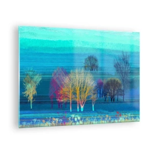 Glasbild - Bild auf glas - Eine farbenfrohe Landschaft mit Bäumen vor einem Hintergrund in Blautönen - 70x50cm - Eine gekämmte Landschaft - Moderne Wanddekoration für Wohnzimmer und Schlafzimmer ARTTOR