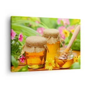 Bild auf Leinwand - Leinwandbild - Honiggläser mit Blumen vor dem Hintergrund eines Sommergartens - 70x50cm - Süß und blumig - Moderne Wanddekoration für Wohnzimmer und Schlafzimmer ARTTOR