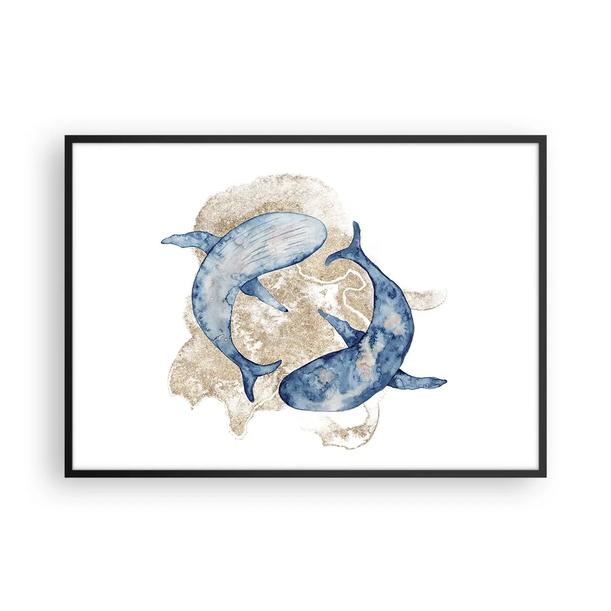 Poster in einem schwarzem Rahmen - Abstrakte Blauwale auf hellem Hintergrund - 100x70cm - Freundschaft oder Liebe? - Moderne Wanddekoration für Wohnzimmer und Schlafzimmer ARTTOR