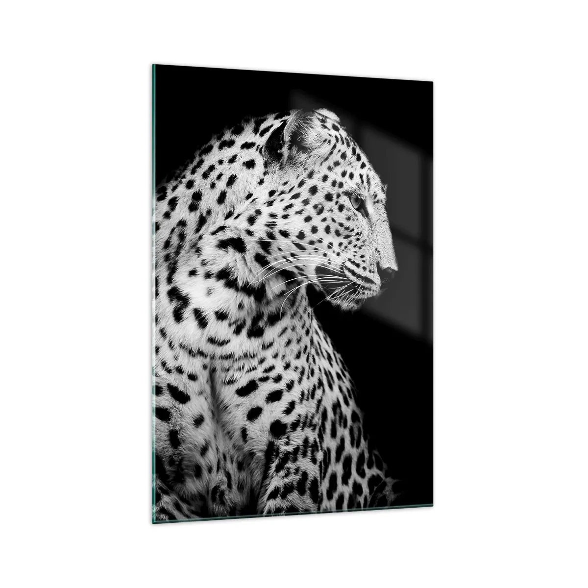 Glasbild - Bild auf glas - Schwarz-Weiß-Bild eines Leoparden auf schwarzem Hintergrund - 70x100cm - Rechtes Profil perfekt! - Moderne Wanddekoration für Wohnzimmer und Schlafzimmer ARTTOR