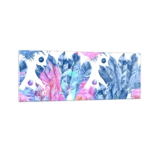 Glasbild - Bild auf glas - Abstraktes Muster mit bunten Federn in Pastelltönen - 140x50cm - Pflaumen in Pink und Blau - Moderne Wanddekoration für Wohnzimmer und Schlafzimmer ARTTOR