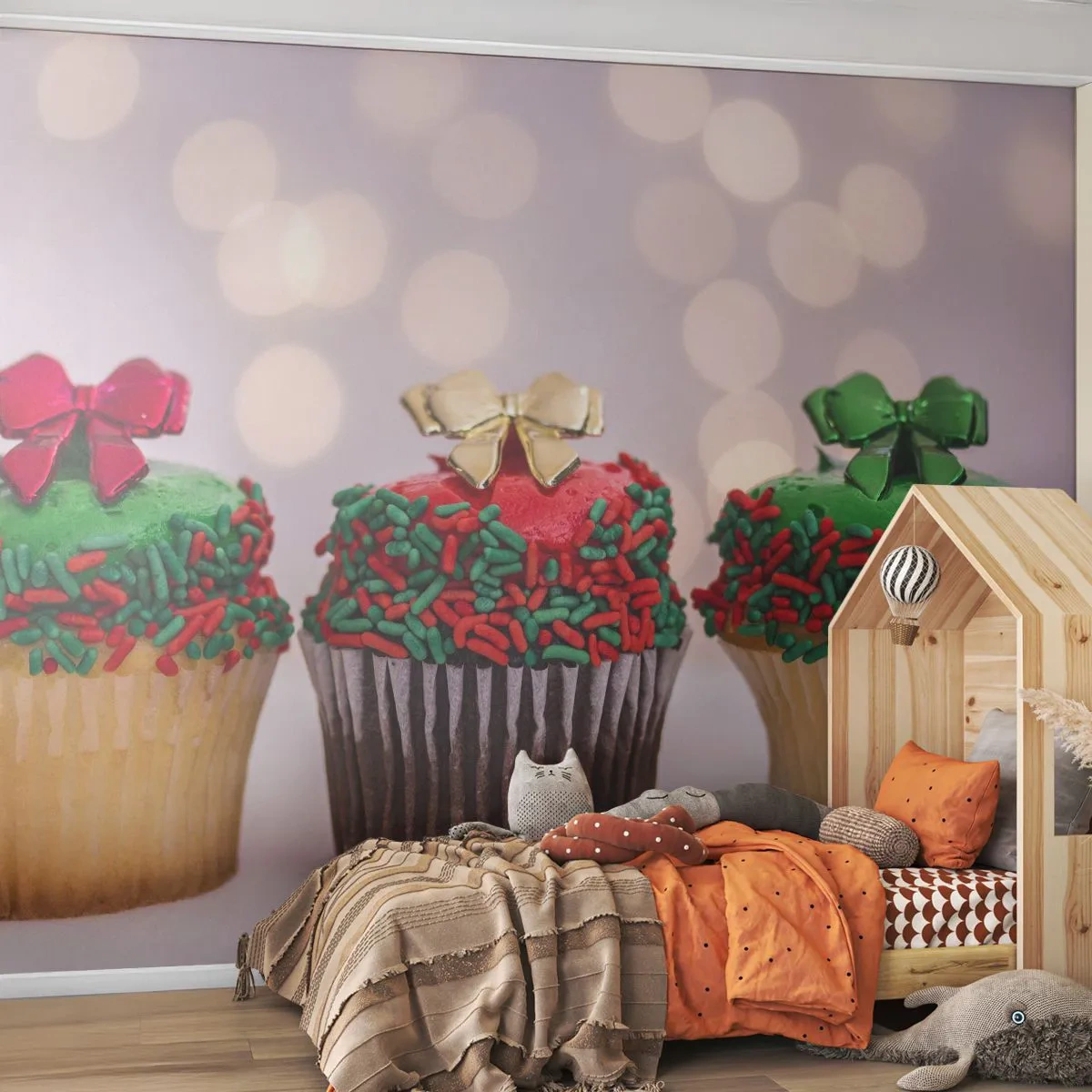 Fototapete Standard Eco - Süßigkeiten bis zu der Schleife - Gastronomie, Kekse, Bunte Muffins - 400x280 cm