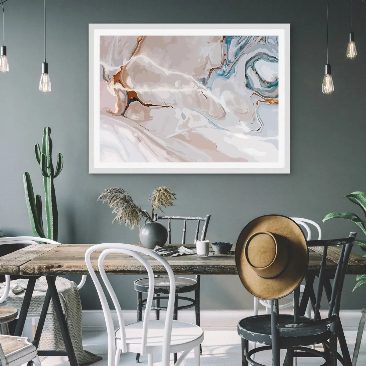 Poster in einem weißen Rahmen - Blau schlängelt sich unter dem Weiß - 50x40 cm