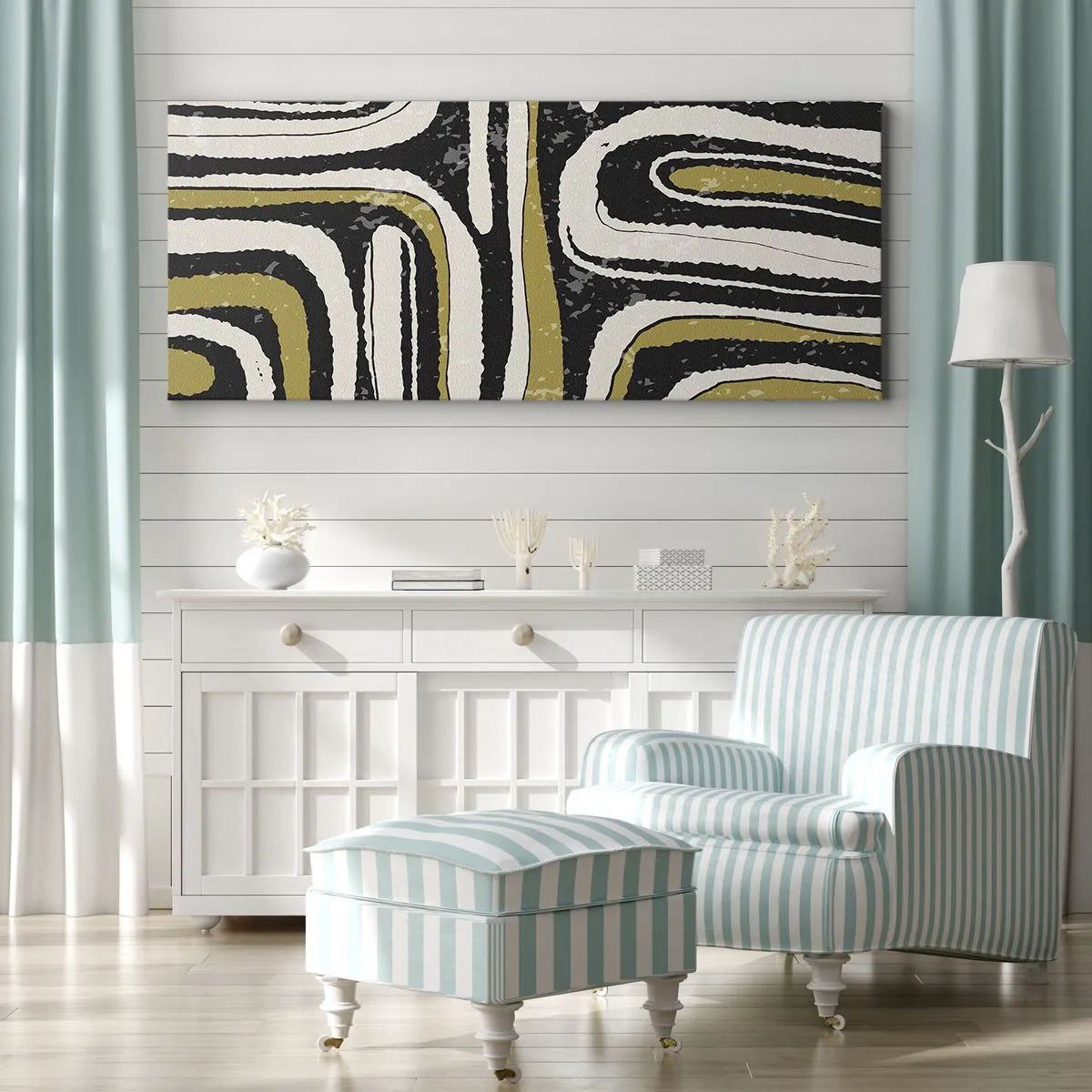 Bild auf Leinwand - Leinwandbild - Abstraktes Muster in Schwarz, Weiß und Gold - 140x50cm - Komposition: Straßen und Gassen - Moderne Wanddekoration für Wohnzimmer und Schlafzimmer ARTTOR