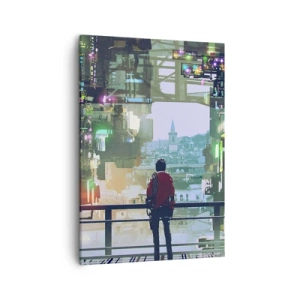 Bild auf Leinwand - Leinwandbild - Eine Figur in einer futuristischen Stadt mit Neonlichtern - 50x70cm - Zwei Welten - Moderne Wanddekoration für Wohnzimmer und Schlafzimmer ARTTOR