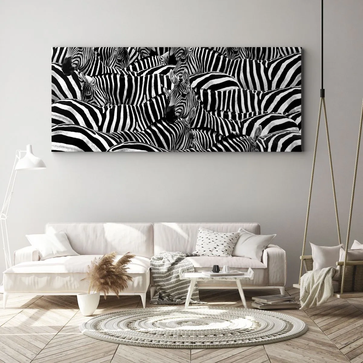 Bild auf Leinwand - Leinwandbild - Eine Gruppe Zebras mit schwarzen und weißen Streifen, die ein symmetrisches Muster bilden. - 160x50cm - Gestreiftes Gruppenportrait - Moderne Wanddekoration für Wohnzimmer und Schlafzimmer ARTTOR