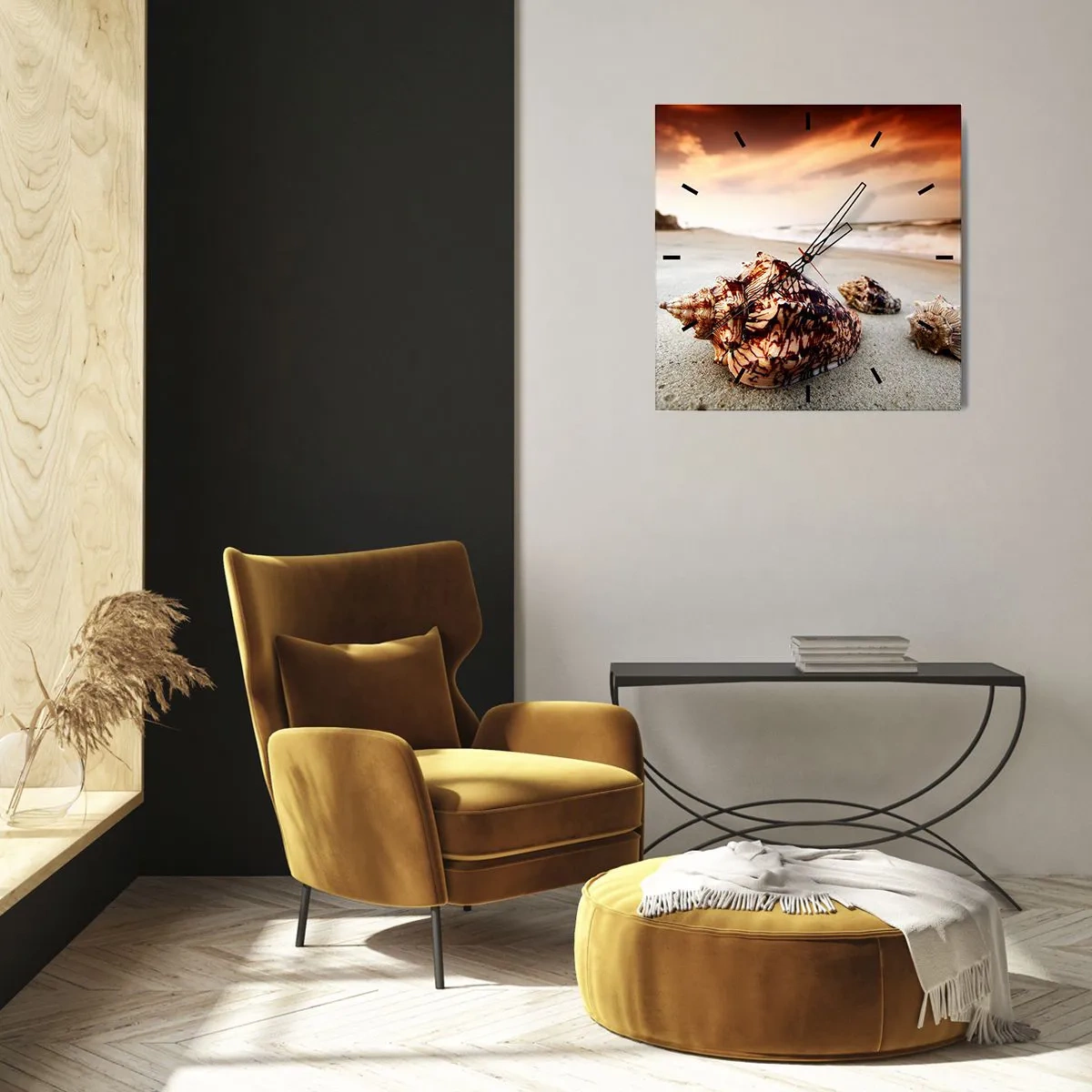 Wanduhr - Glasuhr - Muscheln am Strand bei Sonnenuntergang - 30x30cm - Ausgestoßene von Wellen - Moderne Wanddekoration für Wohnzimmer und Schlafzimmer ARTTOR