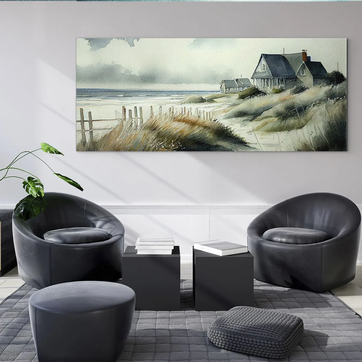Glasbild - Bild auf glas - Ein Haus am Meer, umgeben von Gras und mit Blick auf das Meer - 160x50cm - Abseits vom Trubel - Moderne Wanddekoration für Wohnzimmer und Schlafzimmer ARTTOR