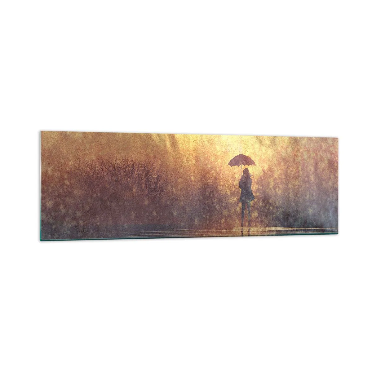 Glasbild - Bild auf glas - Eine Figur mit einem Regenschirm in einer nebligen Landschaft voller Reflexionen - 160x50cm - Ich habe das Gefühl, dass mich jemand ansieht - Moderne Wanddekoration für Wohnzimmer und Schlafzimmer ARTTOR