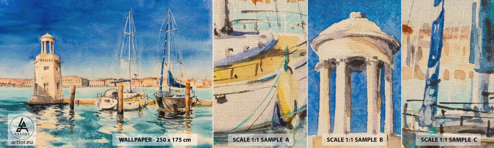 Fototapeten Muster Premium Canvas - Sonnige Lagune - Hafen, Landschaft, Leuchtturm - 100x30 cm