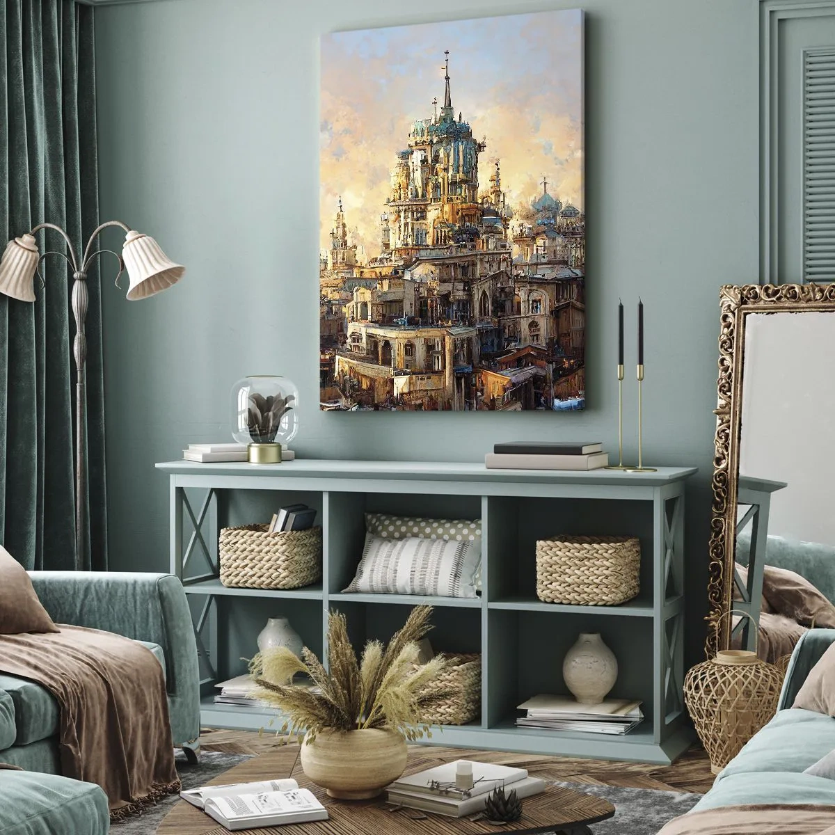 Bild auf Leinwand - Leinwandbild - Architektonische Türme in den Strahlen der untergehenden Sonne - 80x120cm - Stadt der Städte - Moderne Wanddekoration für Wohnzimmer und Schlafzimmer ARTTOR