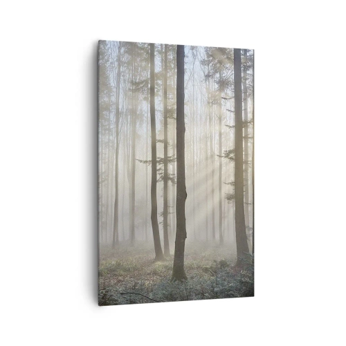 Bild auf Leinwand - Leinwandbild - Ein Wald in leichtem Nebel mit Sonnenstrahlen, die durch die Bäume scheinen - 80x120cm - Der Nebel ist auch aufgewacht - Moderne Wanddekoration für Wohnzimmer und Schlafzimmer ARTTOR
