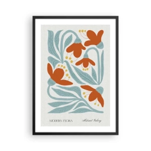 Poster in einem schwarzem Rahmen - Dekorative Blumen in Orange- und Blautönen - 50x70cm - Zur Erde, zur Sonne - Moderne Wanddekoration für Wohnzimmer und Schlafzimmer ARTTOR