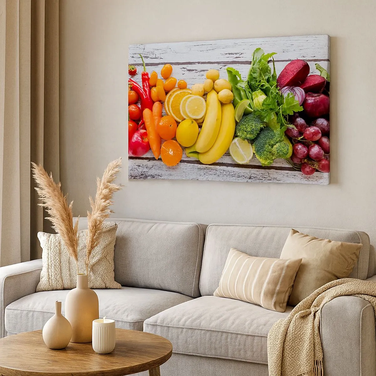 Bild auf Leinwand - Leinwandbild - Buntes Obst und Gemüse auf einem hölzernen Hintergrund - 70x50cm - Es ist nicht genug? - Moderne Wanddekoration für Wohnzimmer und Schlafzimmer ARTTOR