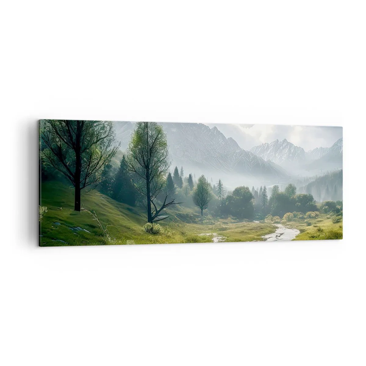 Bild auf Leinwand - Leinwandbild - Eine Berglandschaft mit einem Fluss und Bäumen, umgeben von nebligen Bergen - 140x50cm - Hin und zurück - Moderne Wanddekoration für Wohnzimmer und Schlafzimmer ARTTOR