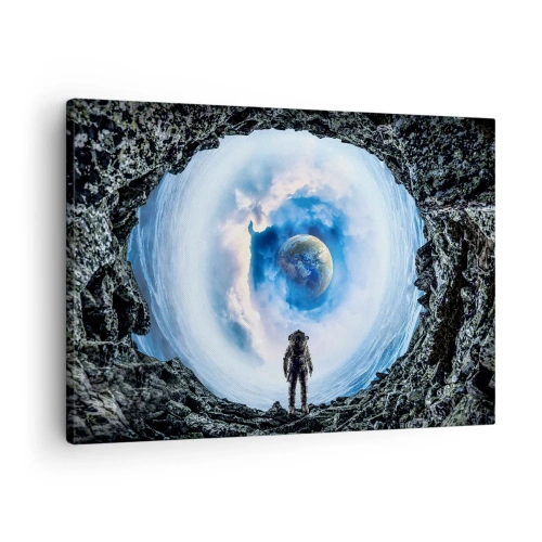 Bild auf Leinwand - Leinwandbild - Astronaut vor einer Weltraumlandschaft mit der Erde im Hintergrund - 70x50cm - Es ist nicht weit von zu Hause - Moderne Wanddekoration für Wohnzimmer und Schlafzimmer ARTTOR