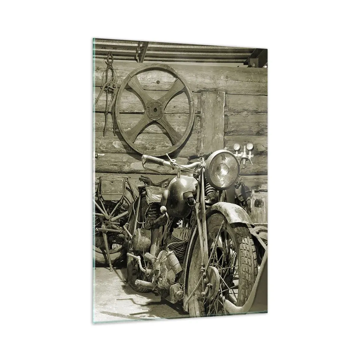 Glasbild - Bild auf glas - Retro-Werkstatt mit Motorrädern und Werkzeug - 80x120cm - Im Schuppen von Onkel Władek - Moderne Wanddekoration für Wohnzimmer und Schlafzimmer ARTTOR