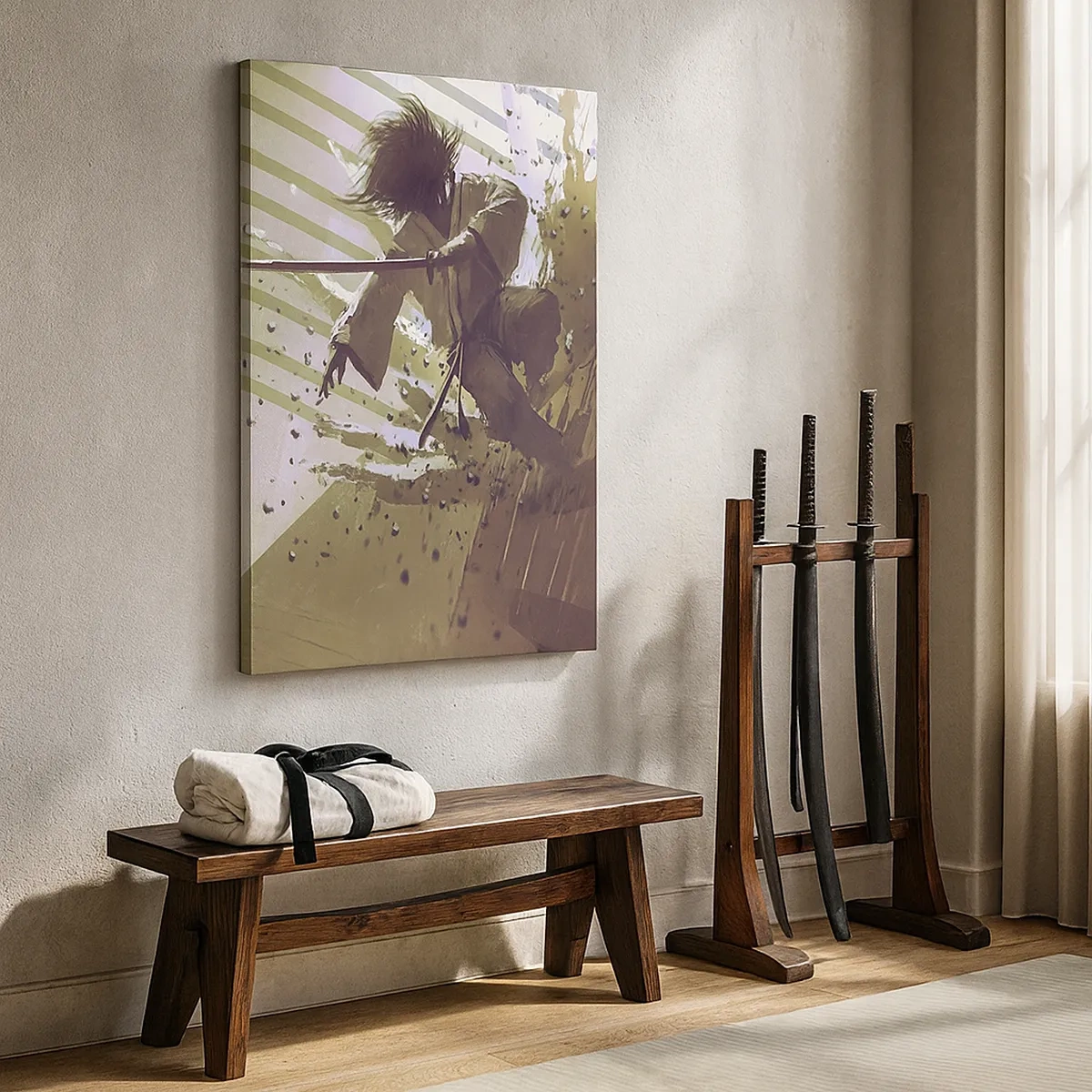 Bild auf Leinwand - Leinwandbild - Dynamischer Kampf zwischen zwei Charakteren im futuristischen Stil - 50x70cm - Und du kannst ein Samurai sein - Moderne Wanddekoration für Wohnzimmer und Schlafzimmer ARTTOR