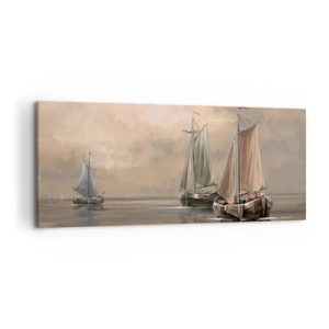 Bild auf Leinwand - Leinwandbild - Segelboote auf ruhigem Meer in pastellfarbener Umgebung - 120x50cm - Die Rückkehr der Matrosen - Moderne Wanddekoration für Wohnzimmer und Schlafzimmer ARTTOR