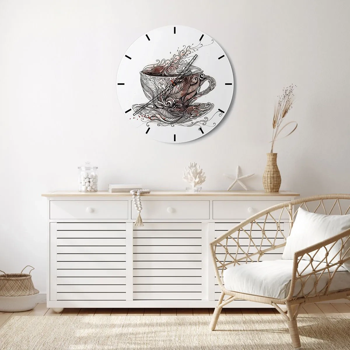 Wanduhr - Glasuhr - Eine Tasse Kaffee mit einem künstlerischen Muster - 30x30cm - Tee für alles - Moderne Wanddekoration für Wohnzimmer, Küche und Schlafzimmer ARTTOR