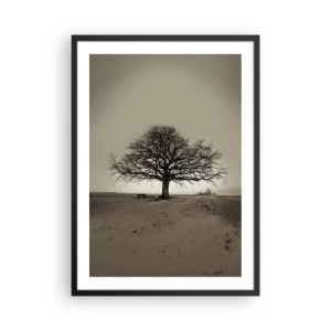 Poster in einem schwarzem Rahmen - Ein einsamer Baum in einer leeren Sepia-Landschaft - 50x70cm - Von hier zu Ewigkeit - Moderne Wanddekoration für Wohnzimmer und Schlafzimmer ARTTOR