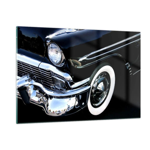 Glasbild - Bild auf glas - Nahaufnahme eines schwarzen Oldtimers mit Chromdetails - 120x80cm - Klassiker in Silber, Schwarz und Weiß - Moderne Wanddekoration für Wohnzimmer und Schlafzimmer ARTTOR
