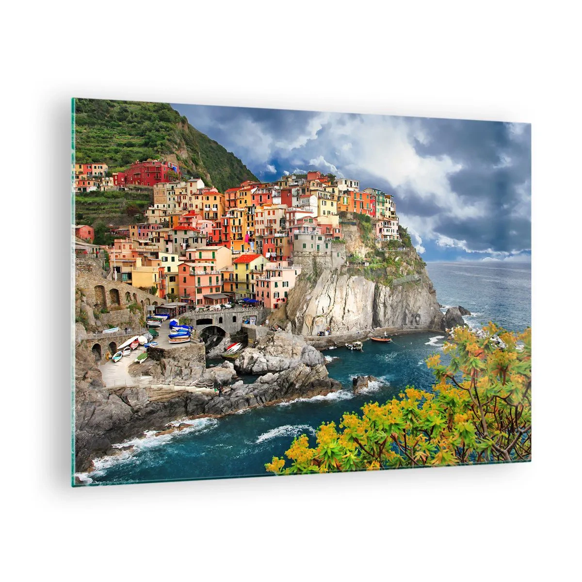 Glasbild - Bild auf glas - Eine farbenfrohe Stadt auf einer Klippe am Meer - 70x50cm - Eine Gruppe umarmt die Felsen - Moderne Wanddekoration für Wohnzimmer und Schlafzimmer ARTTOR