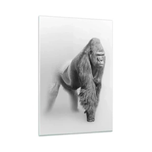 Glasbild - Bild auf glas - Gorilla in monochromen Tönen auf weißem Hintergrund - 80x120cm - Zuversichtlich in seiner Stärke - Moderne Wanddekoration für Wohnzimmer und Schlafzimmer ARTTOR